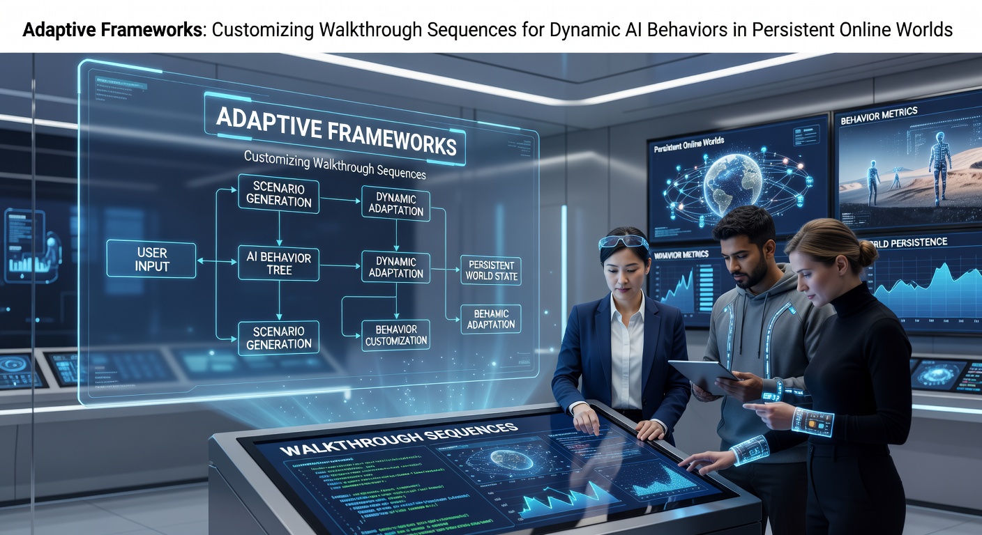 Overview of adaptive AI frameworks showing dynamic walkthrough customization in a persistent online world environment