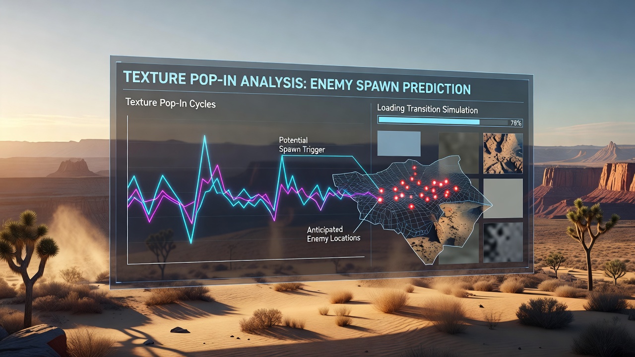 Open-world game environment showing texture pop-in during loading transition with visible enemy spawn indicators