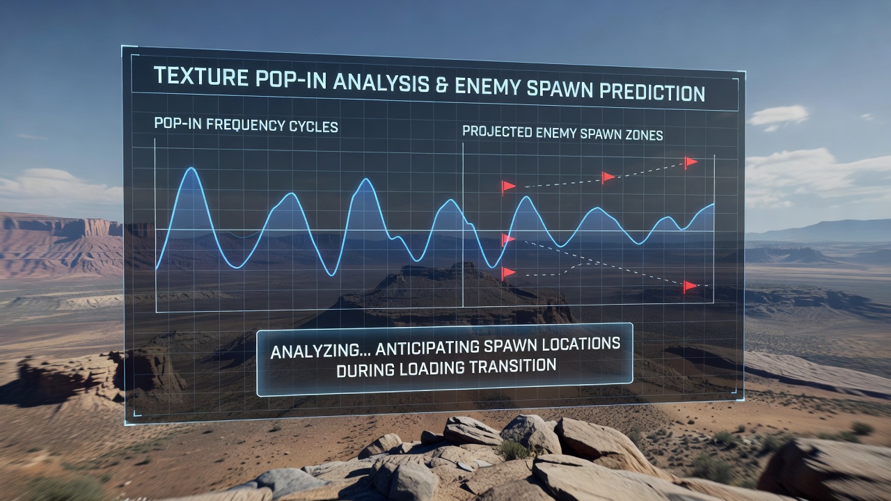 Detailed close-up of texture loading patterns and enemy spawn prediction overlays in an open-world game