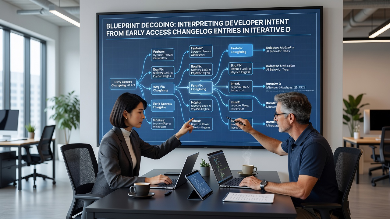 Developers reviewing iterative design notes from early access patches on multiple screens