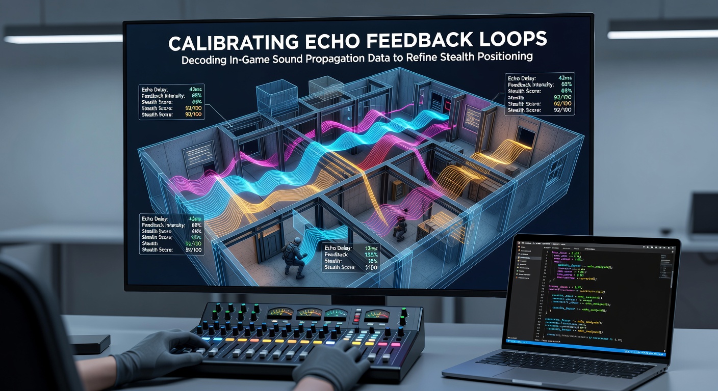 Player character analyzing in-game audio visualization overlays to optimize stealth route in expansive terrain