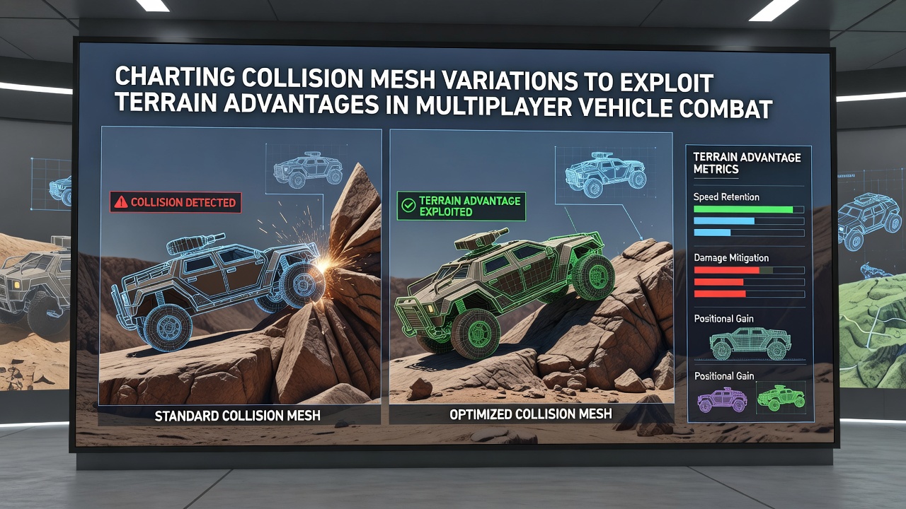 Visualization of terrain advantage zones derived from collision mesh data in a multiplayer arena