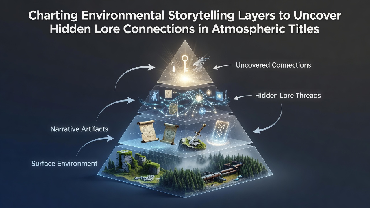 Layered environmental details in an atmospheric game environment showing background architecture and foreground objects that connect to hidden lore elements