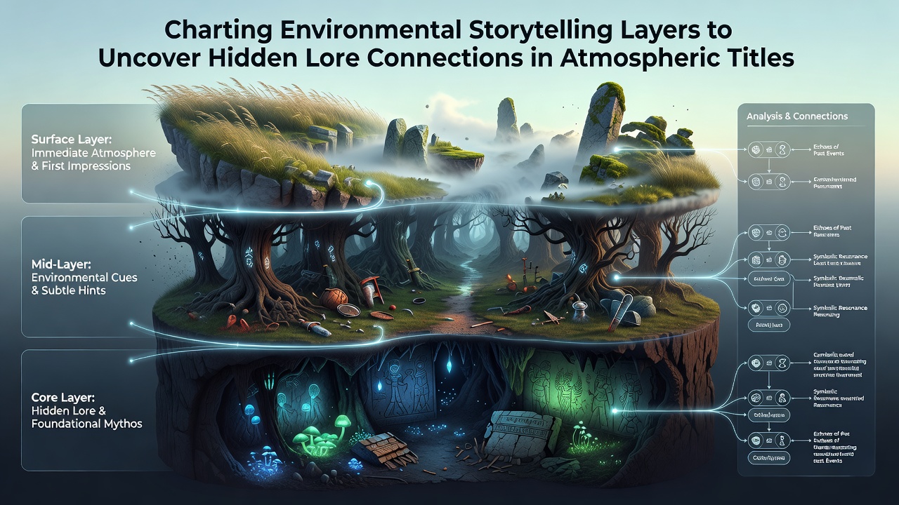 Detailed view of connected environmental storytelling elements including symbols on structures and objects that reveal lore ties across game areas