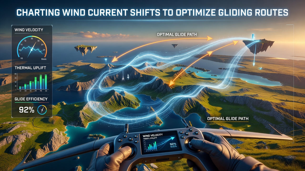 In-game interface displaying wind current overlays and optimized gliding trajectories over varied terrain