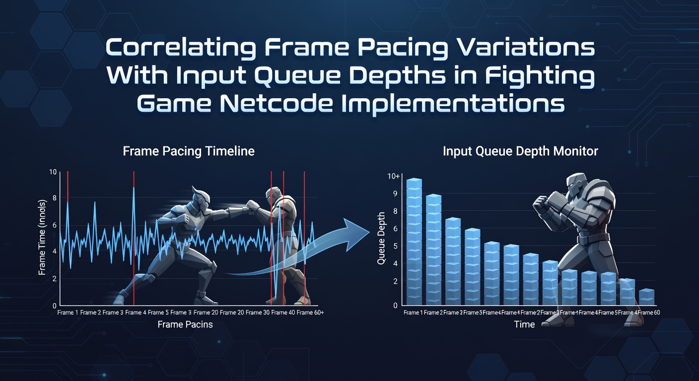 Diagram showing frame pacing consistency alongside input queue depth metrics in a fighting game netcode setup