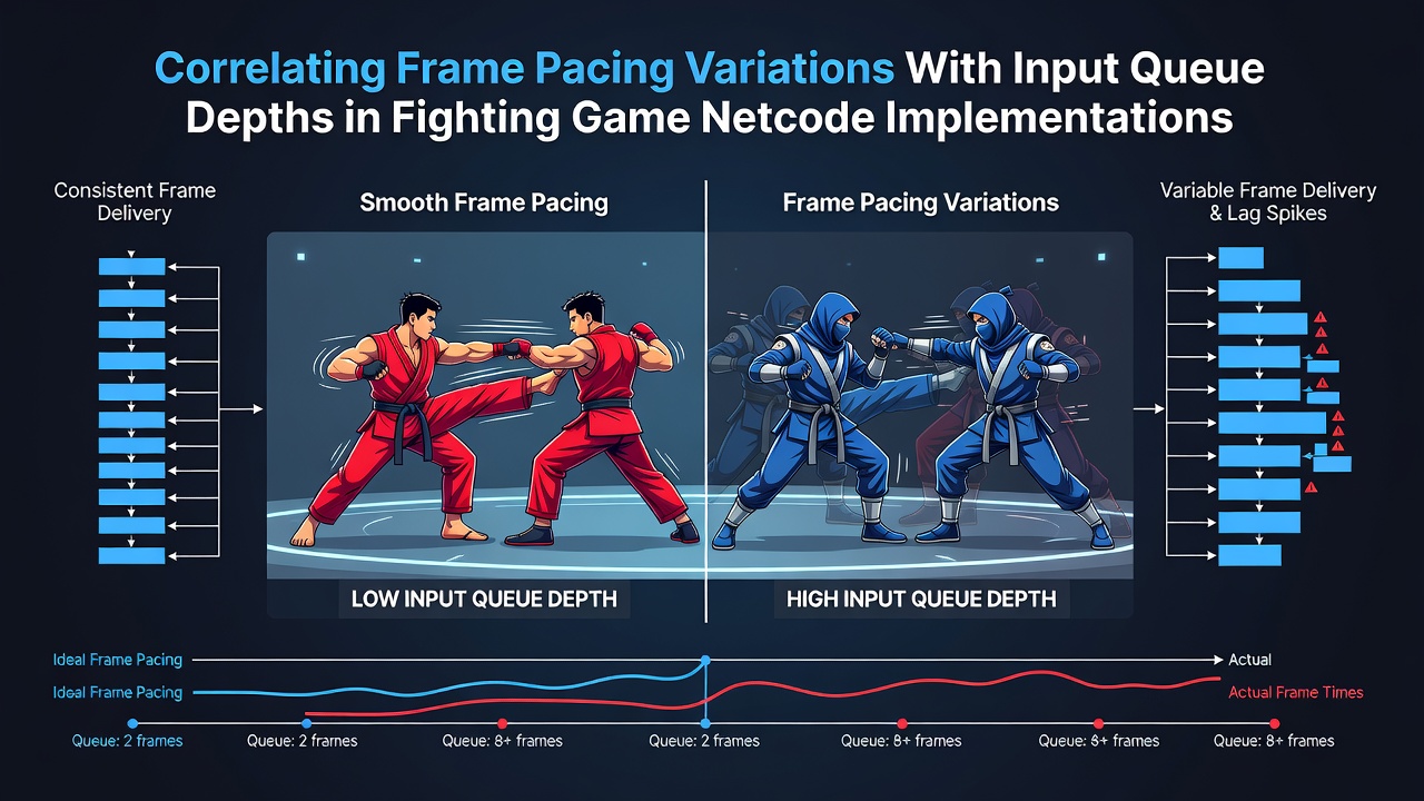Graph correlating input queue depth levels to observed frame time variations in online fighting game matches