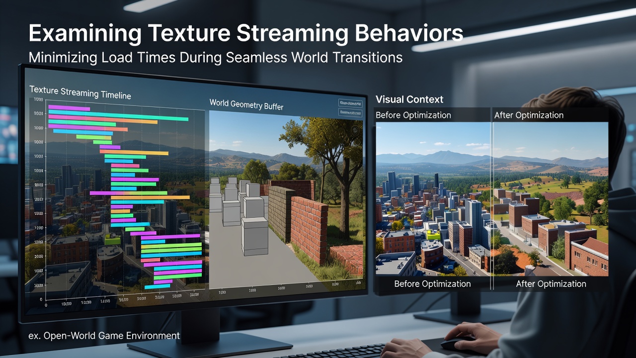 Developer dashboard displaying texture streaming metrics and load time graphs during world transitions