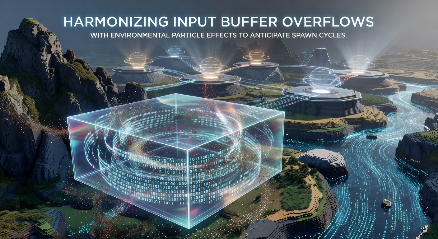 Detailed view of input buffer data streams interacting with particle simulations in a layered arena environment