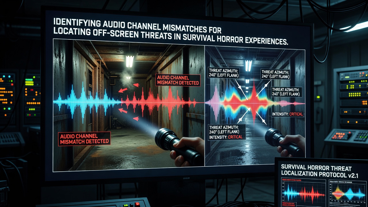 Player using headphones to detect audio panning differences indicating an approaching off-screen creature in a dimly lit game scene