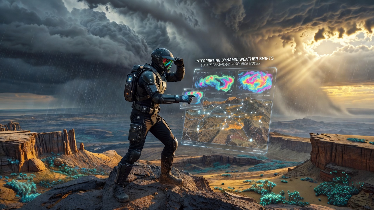 A wide view of an expansive exploration world showing shifting weather patterns over varied terrain with glowing resource nodes appearing in specific zones