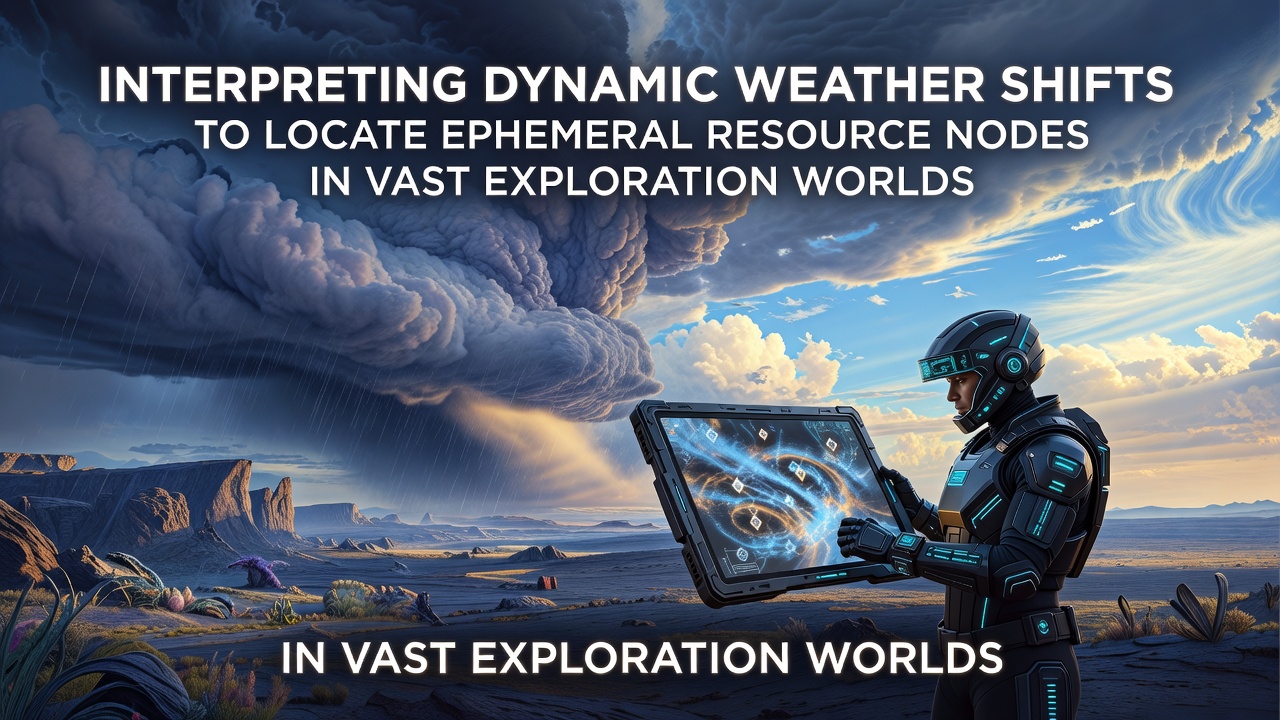 Close-up of a player character examining a glowing ephemeral resource node during a storm transition in a vast terrain environment