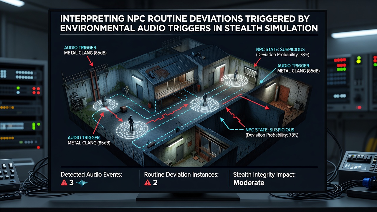 Detailed view of NPC path adjustments following an audio trigger in a stealth simulation level