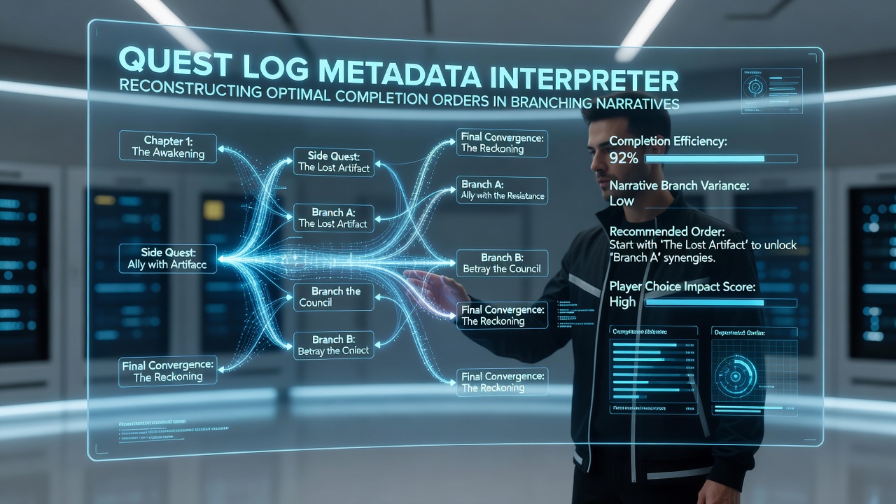 Quest log interface displaying metadata fields including timestamps, state flags, and dependency variables in a branching narrative game