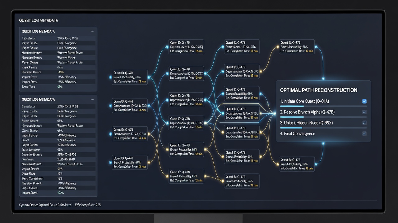 Flowchart illustrating dependency mapping from quest log metadata to optimal completion paths in narrative games