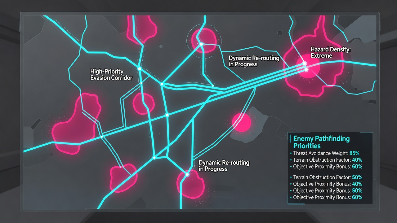 Screenshot of enemies rerouting around moving laser grids while chasing a player character in a procedurally generated arena