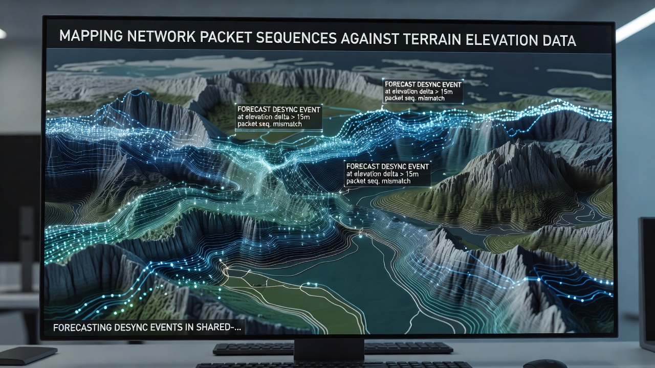 Heatmap visualization correlating packet latency with terrain elevation variations during multiplayer traversal testing