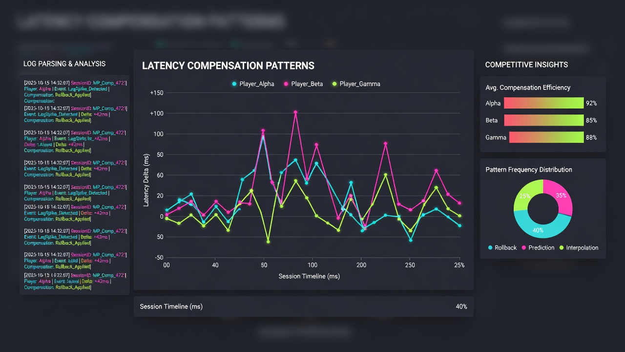 Detailed visualization of parsed log data highlighting latency compensation adjustments during shooter gameplay