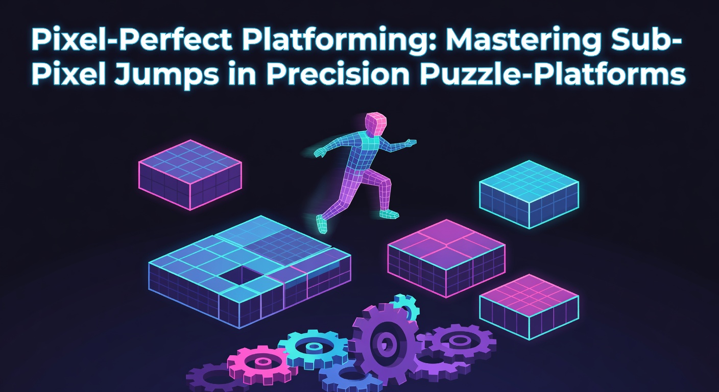 A close-up screenshot from a precision platformer showing a character mid-jump over a narrow gap, highlighting sub-pixel ledge edges in pixel art style.