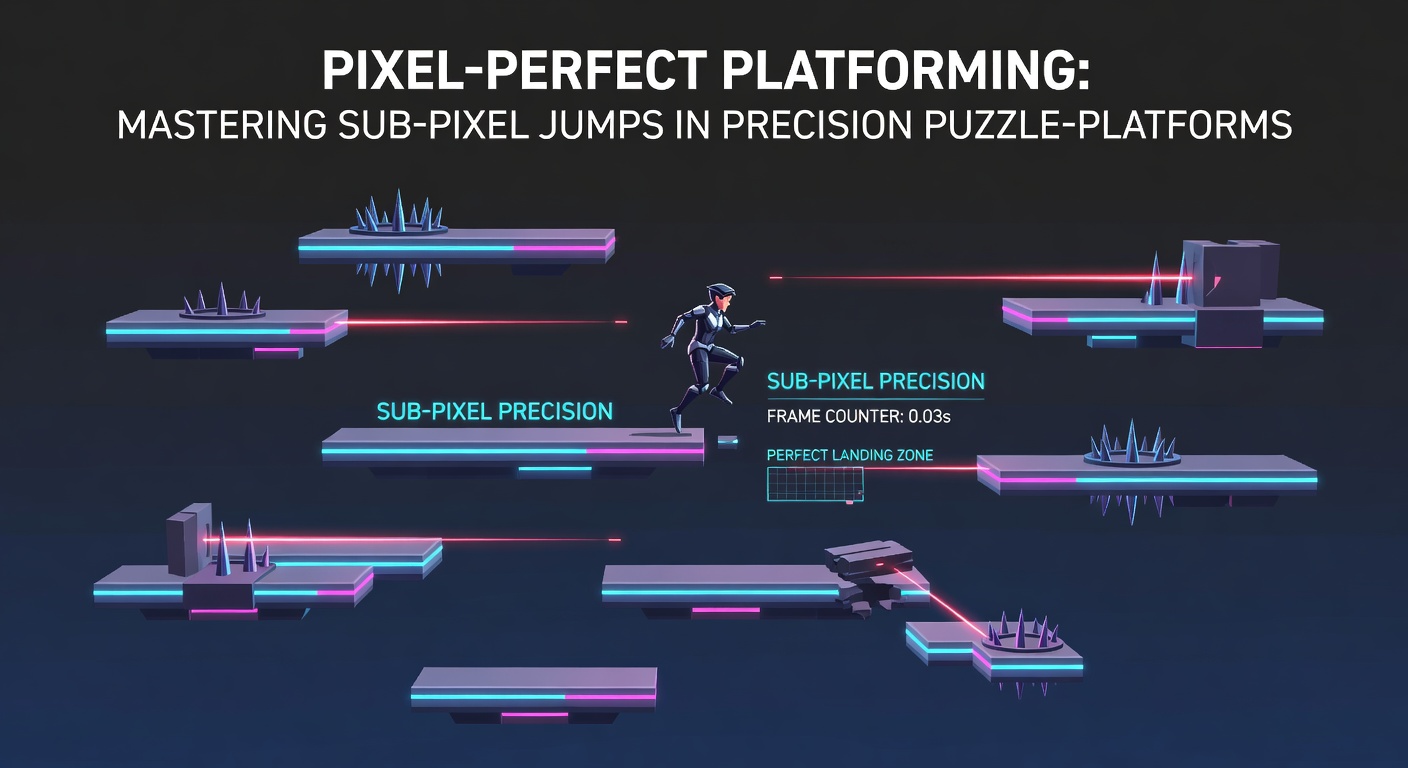 Split-screen comparison in a puzzle-platformer: left side shows a failed sub-pixel jump with the character falling short; right side depicts a successful pixel-perfect landing on a tiny platform edge.
