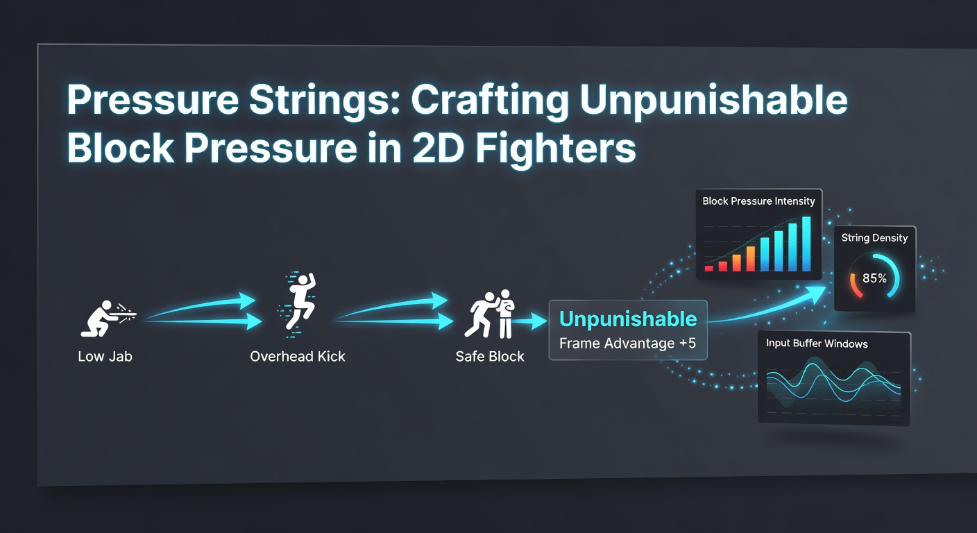 Visual breakdown of a pressure string sequence showing move timings and frame gaps in a 2D fighting game matchup