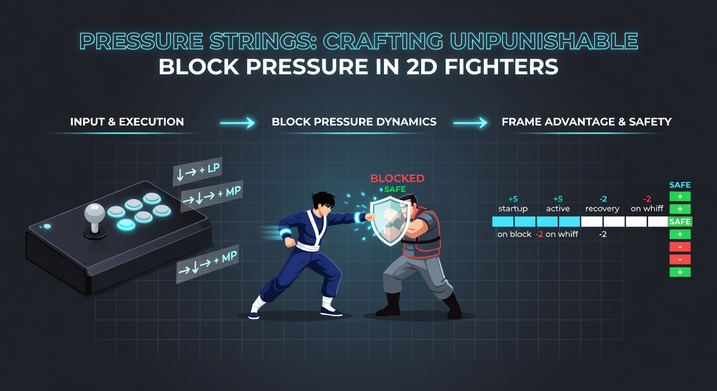 Frame data chart illustrating safe and unsafe gaps in a pressure string for a character like Chun-Li in Street Fighter