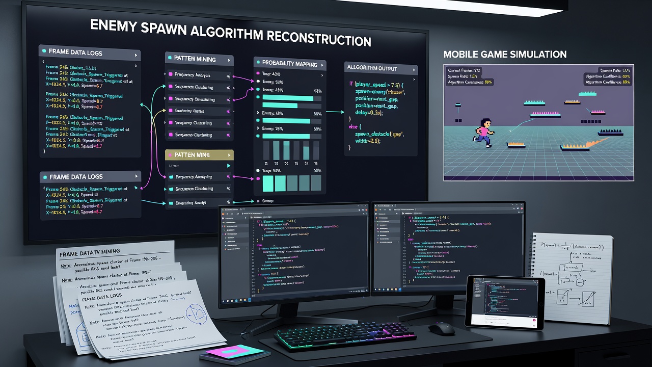 Graph analysis of reconstructed spawn intervals plotted against player distance in an endless runner title