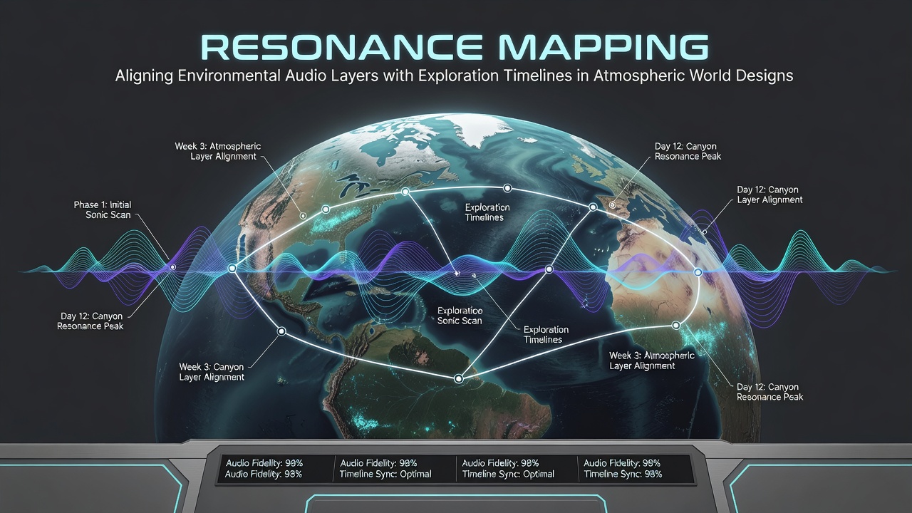 Atmospheric game world scene showing layered environmental audio visualization aligned with exploration path timelines