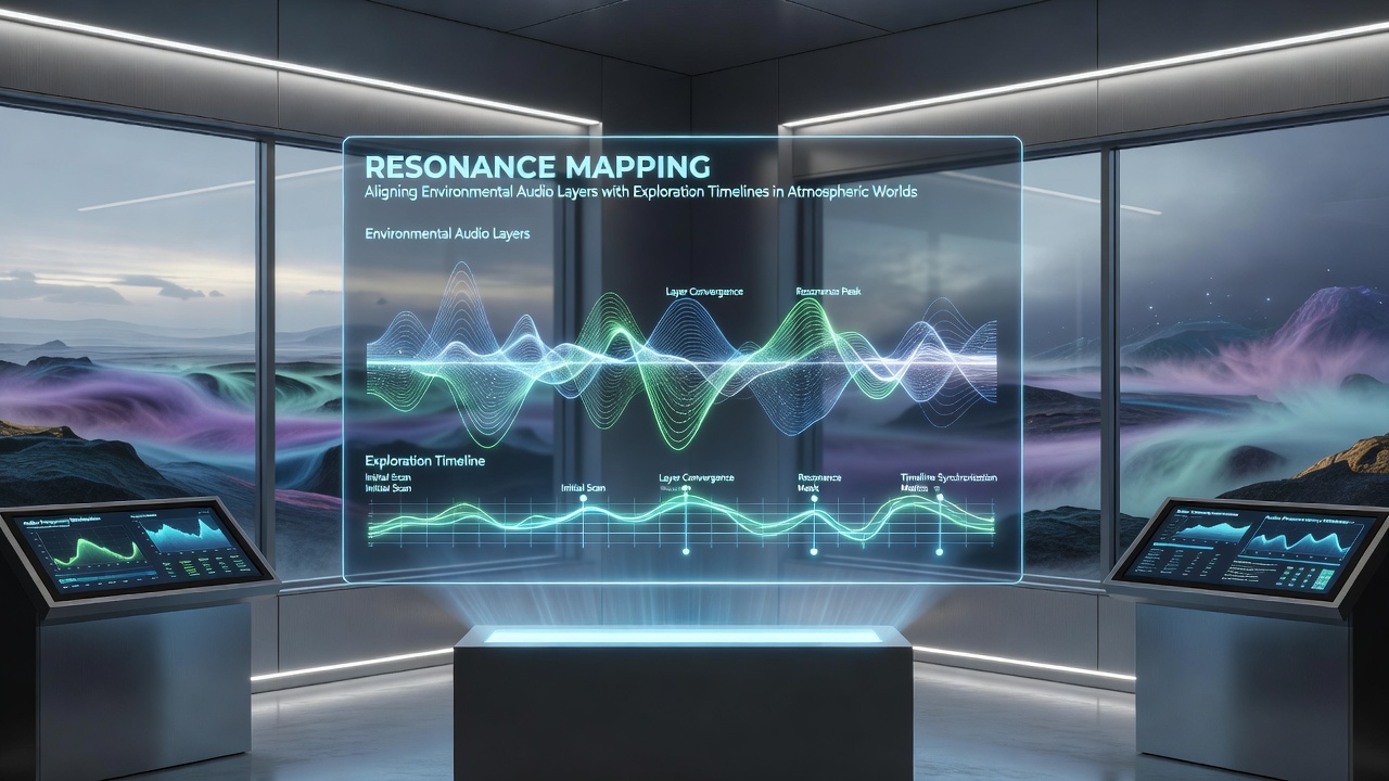 Technical diagram illustrating audio layer synchronization with player exploration timeline markers in a game engine interface
