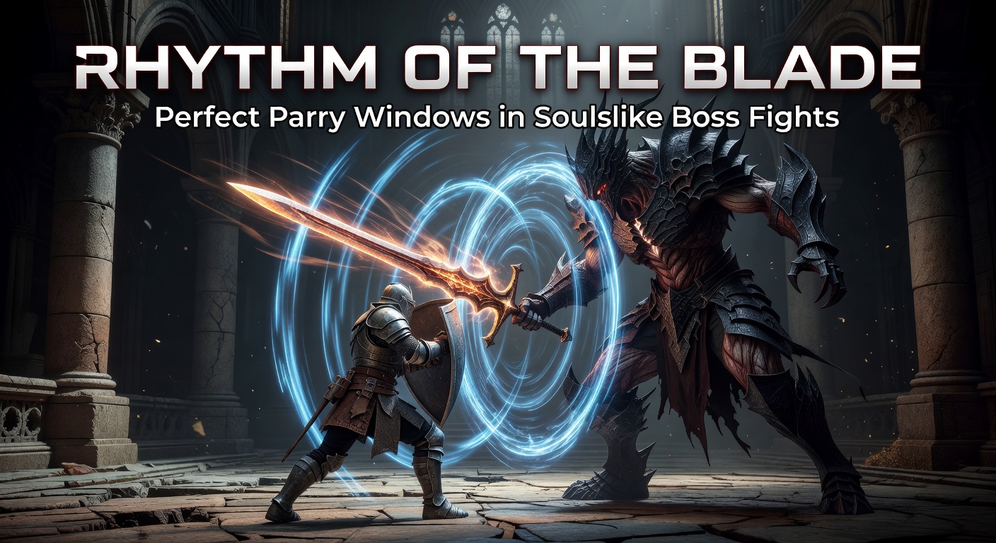 A precise parry moment captured mid-frame during an intense Soulslike boss encounter, blade clashing against blade in perfect sync