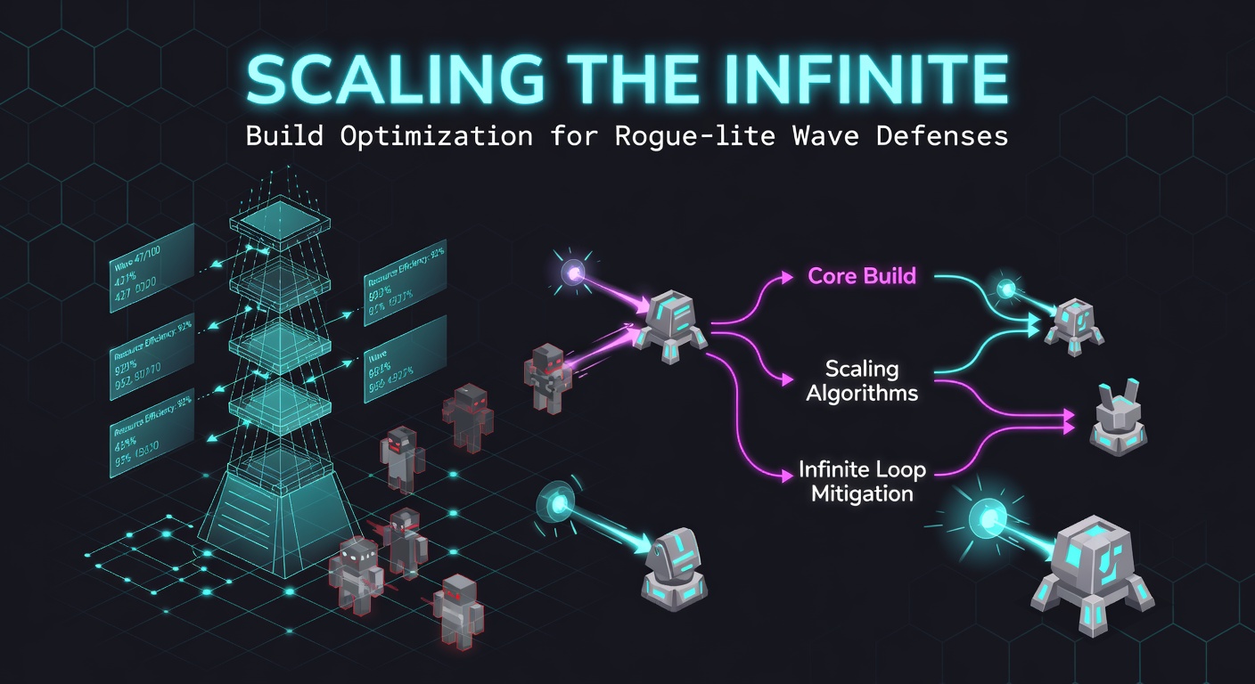 Close-up of build screen in a rogue-lite game displaying synergistic upgrades, stats readout, and wave progression meter