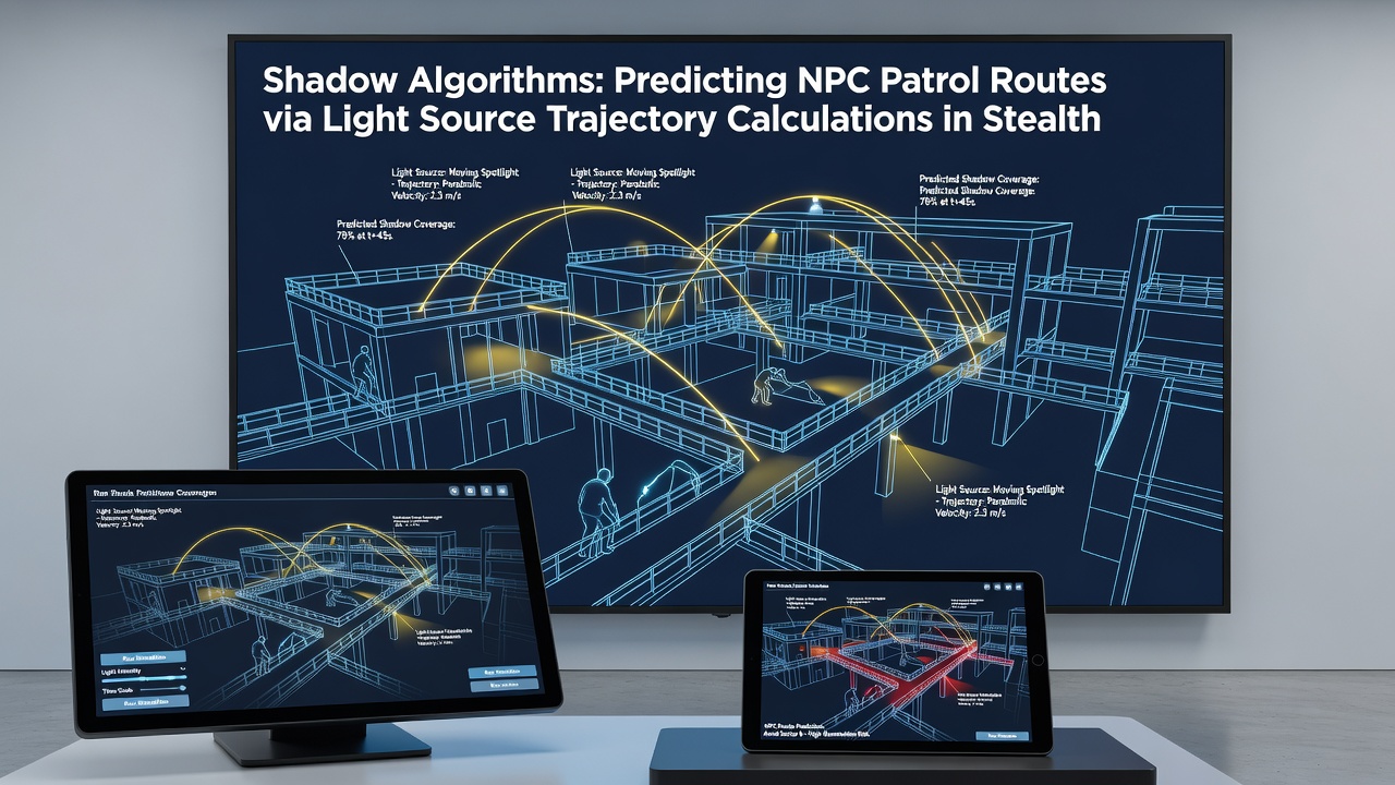 In-game screenshot illustrating an NPC adjusting its patrol route based on calculated shadow positions from a moving light source