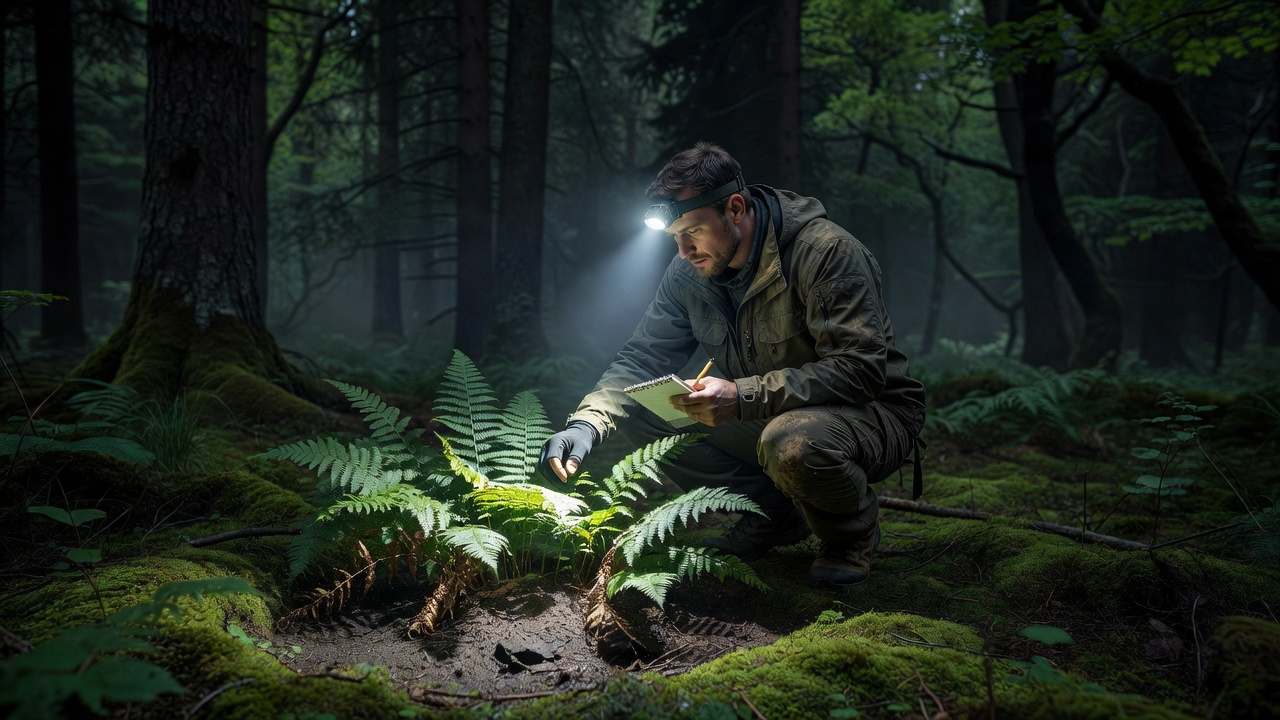 Nighttime survival scene showing dense foliage with subtle density variations indicating potential resource locations