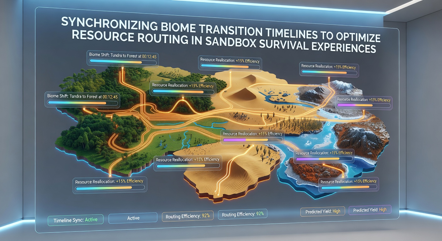 Detailed visualization of biome transition timelines overlaid on resource routing paths in a sandbox survival environment