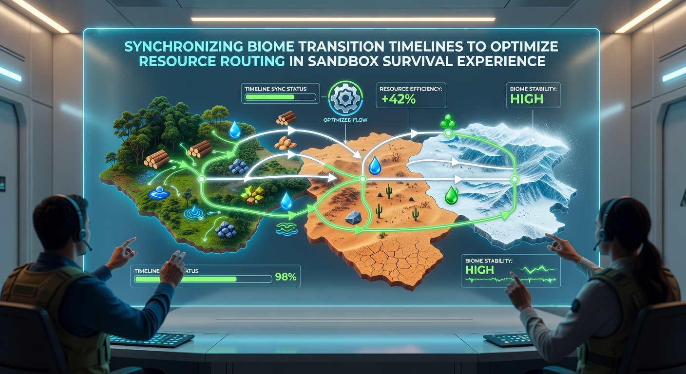 In-game interface displaying synchronized biome timelines alongside active resource routing networks