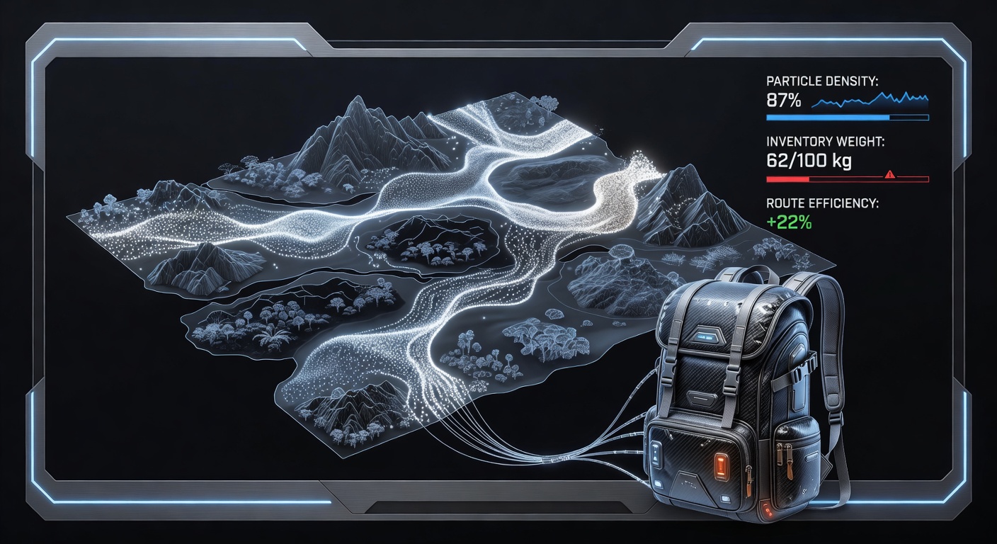 Particle density visualization overlaid on procedural terrain with inventory weight indicators in an exploration game