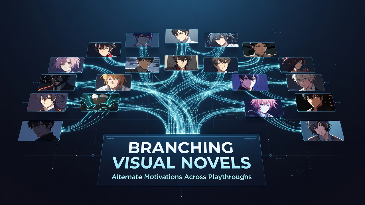 Visual novel interface showing branching dialogue choices with character portraits and narrative text