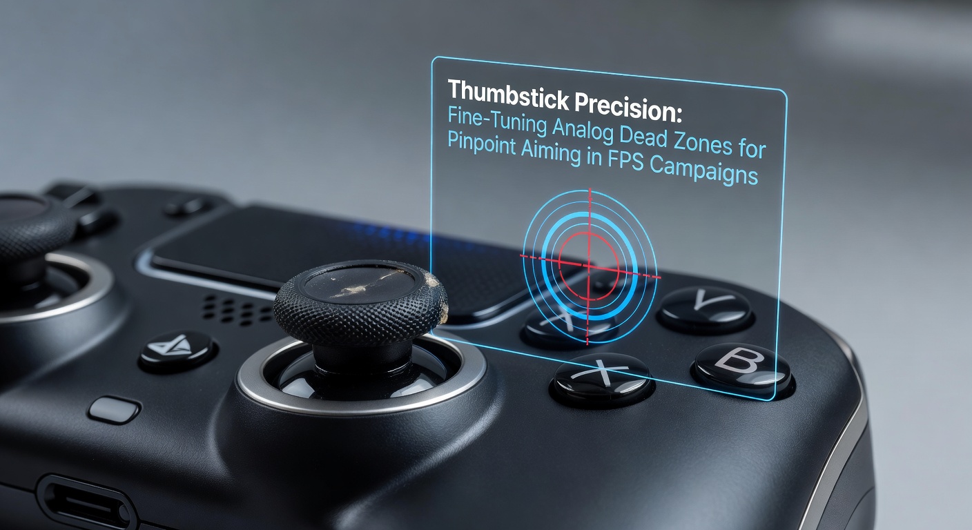 Close-up diagram illustrating an analog thumbstick with a highlighted circular deadzone in the center, showing input sensitivity zones radiating outward for precise controller mapping in gaming setups
