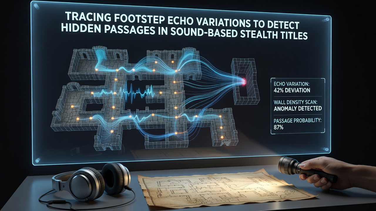 Close-up of in-game audio visualization showing echo delay differences near a concealed doorway