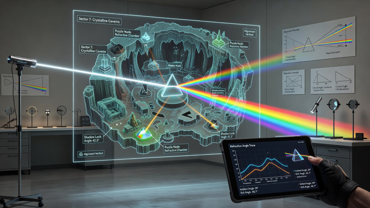 Detailed view of shadow alignment puzzle with refraction angles marked on crystal prisms and fog layers in a metroidvania environment