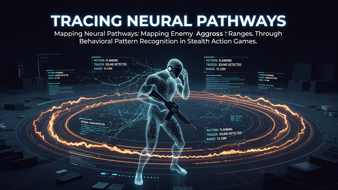 Visualization of neural pathways overlaid on a stealth game map showing enemy detection zones and behavioral triggers