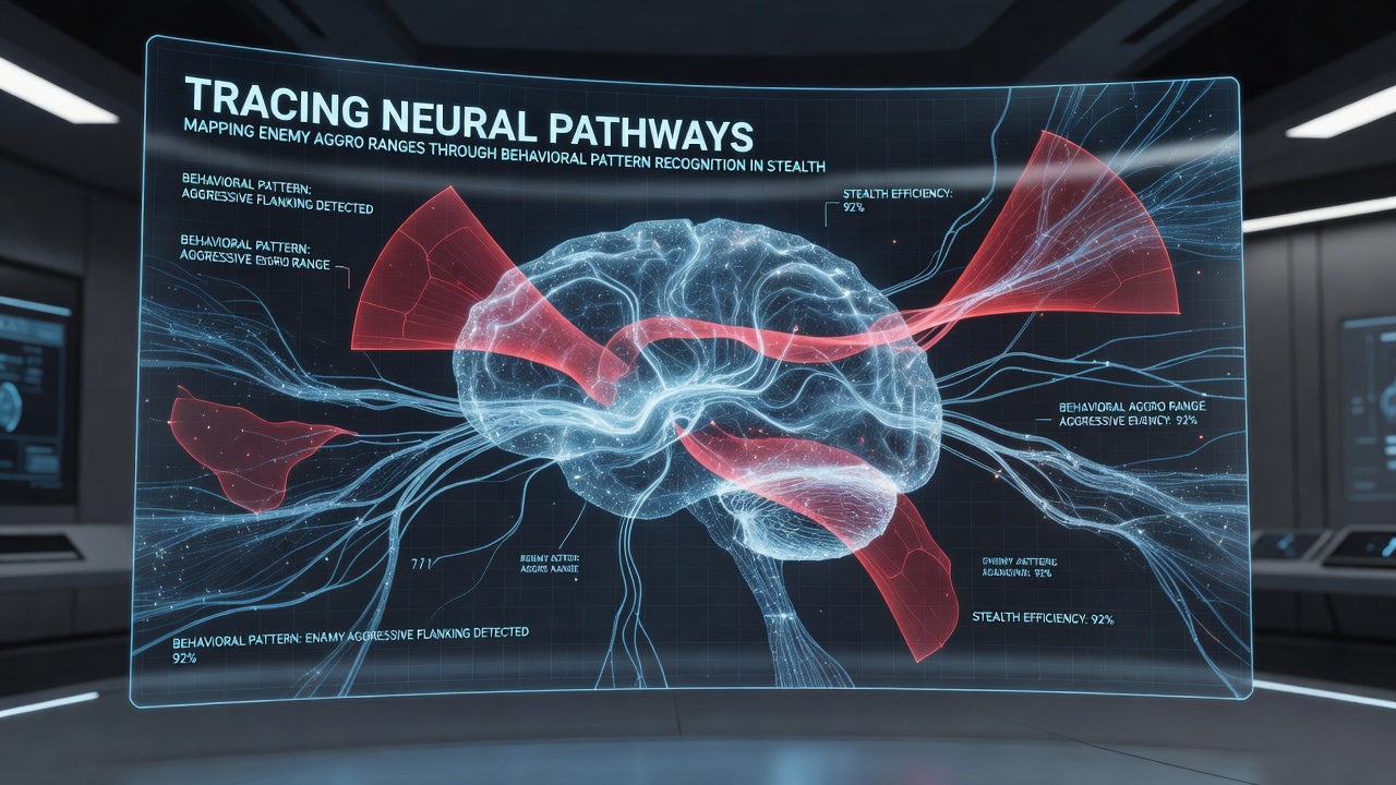 Detailed diagram of behavioral pattern flows in a stealth action game environment with color-coded aggro zones and pathway connections