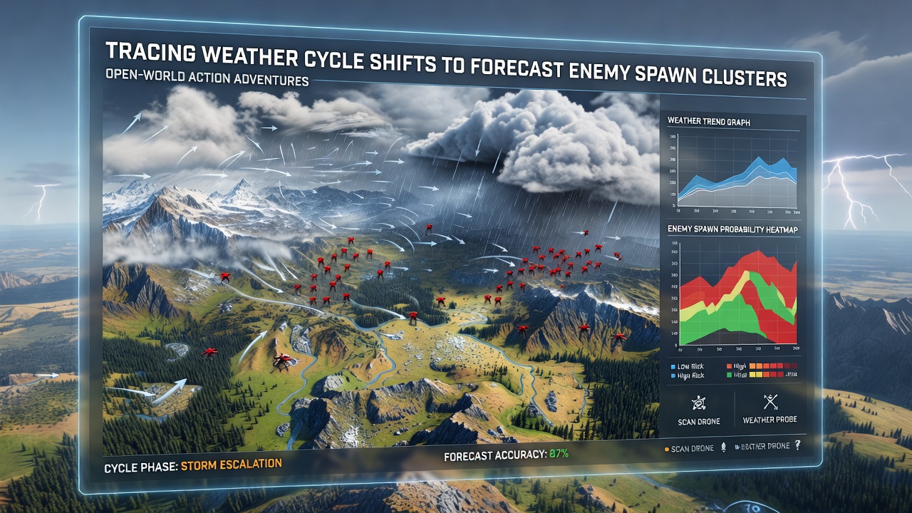 Player interface displaying weather data overlays and predicted spawn zones in an action adventure setting