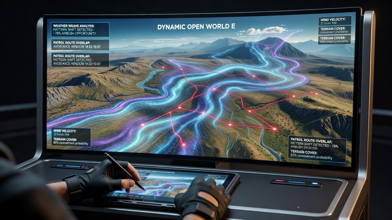 Player character using weather cover to bypass an enemy patrol route in an open ecosystem